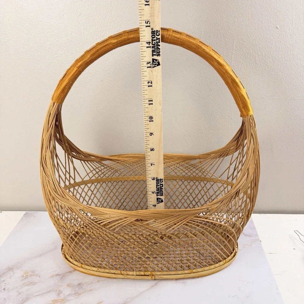Vintage Japanese Bamboo Basket Open Weave Handle Wabi Sabi Boho Rustic Decor